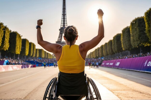 Photo générée par IA : femme sportive de dos sur un fauteuil ouvrant les bras en grand avec la tour Eiffel dans le font