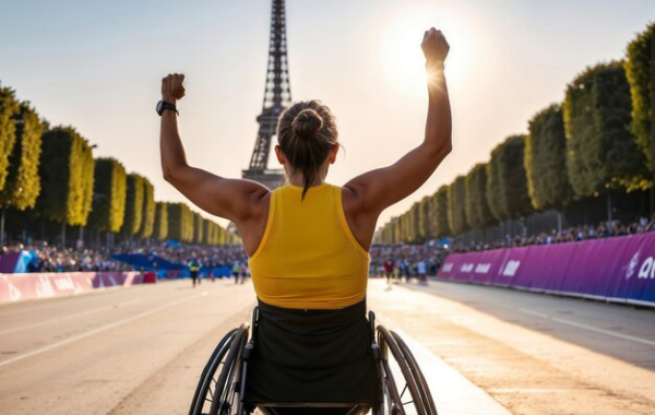 Photo générée par IA : femme sportive de dos sur un fauteuil ouvrant les bras en grand avec la tour Eiffel dans le font
